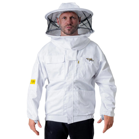  Man wearing the OZ ARMOUR Poly Cotton Beekeeping Jacket with Round Veil, full body front view, hood up, angled