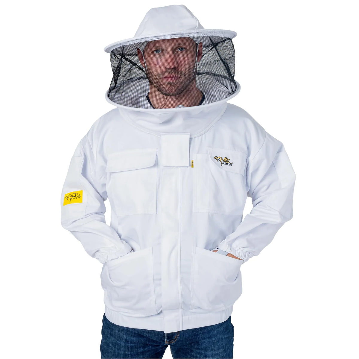 Man wearing the OZ ARMOUR Poly Cotton Beekeeping Jacket with Round Veil, full body front view, hood up