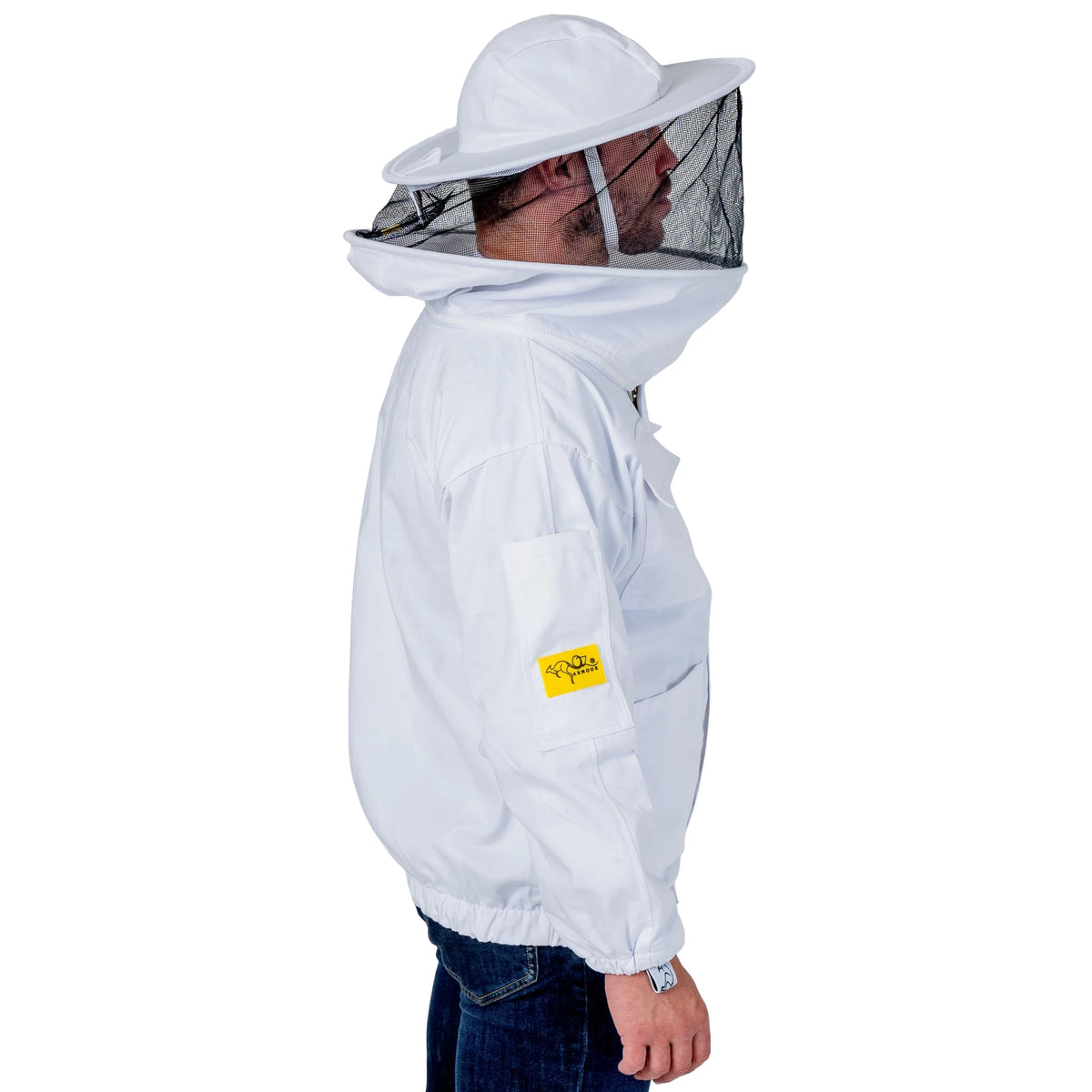Man wearing the OZ ARMOUR Poly Cotton Beekeeping Jacket with Round Veil, full body side view, hood up