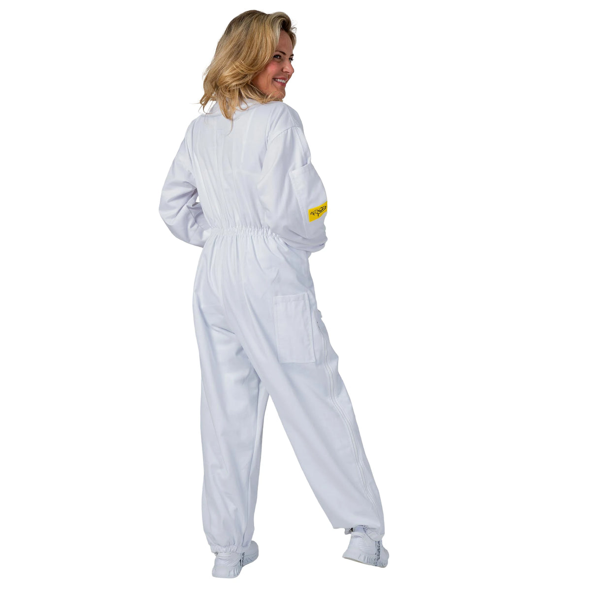  Woman wearing the OZ ARMOUR Poly Cotton Beekeeping Suit with Fencing Veil, full body back view, hood down
