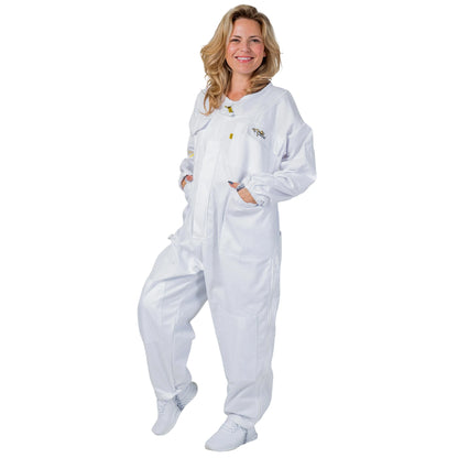 Woman wearing the OZ ARMOUR Poly Cotton Beekeeping Suit with Fencing Veil, full body front view, hood down