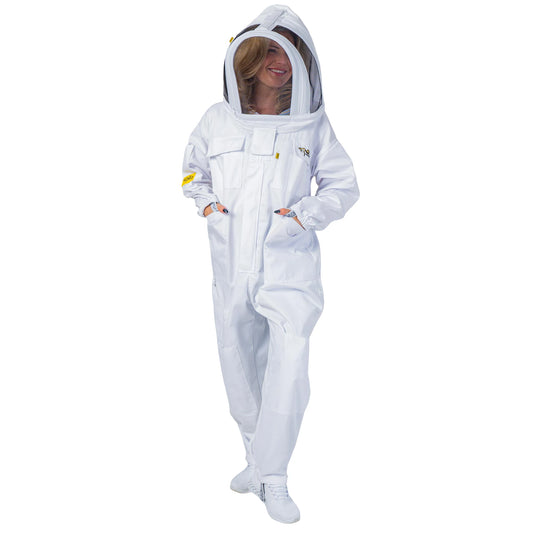 Woman wearing the OZ ARMOUR Poly Cotton Beekeeping Suit with Fencing Veil, full body front view, hood up