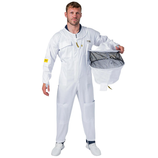 Man wearing the OZ ARMOUR Poly Cotton Beekeeping Suit with Round Veil, front view, holding the detached round veil