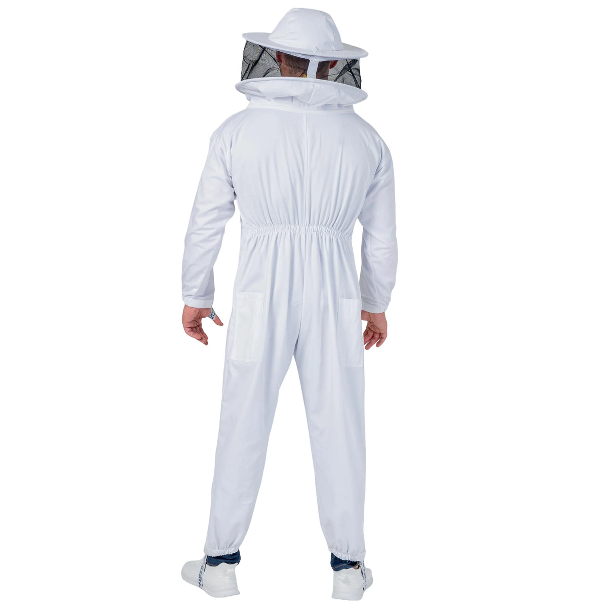 Man wearing the OZ ARMOUR Poly Cotton Beekeeping Suit with Round Veil, full body back view, hood up