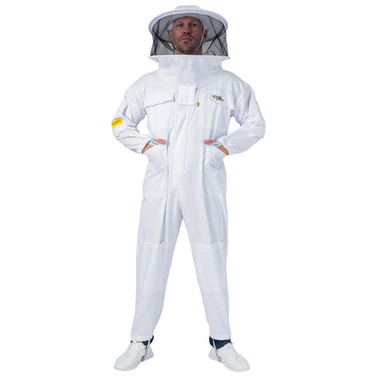  Man wearing the OZ ARMOUR Poly Cotton Beekeeping Suit with Round Veil, full body front view, hood up