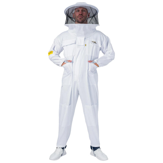  Man wearing the OZ ARMOUR Poly Cotton Beekeeping Suit with Round Veil, full body front view, hood up