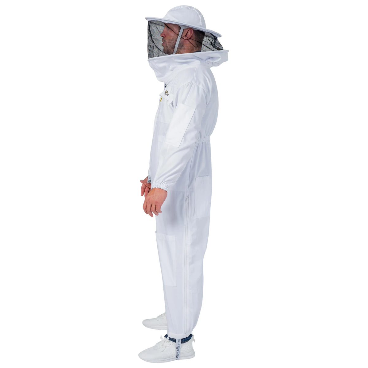 Man wearing the OZ ARMOUR Poly Cotton Beekeeping Suit with Round Veil, full body side view, hood up