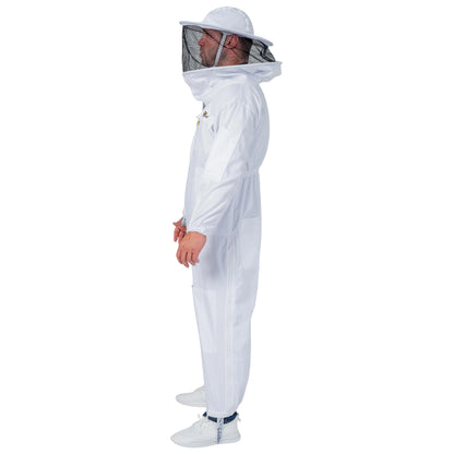 Man wearing the OZ ARMOUR Poly Cotton Beekeeping Suit with Round Veil, full body side view, hood up