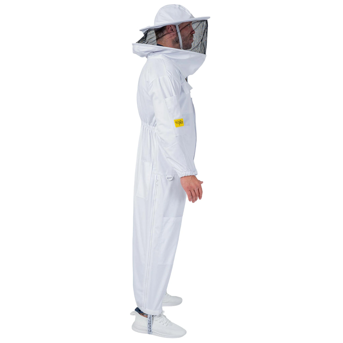  Man wearing the OZ ARMOUR Poly Cotton Beekeeping Suit with Round Veil, full body walking side view, hood up