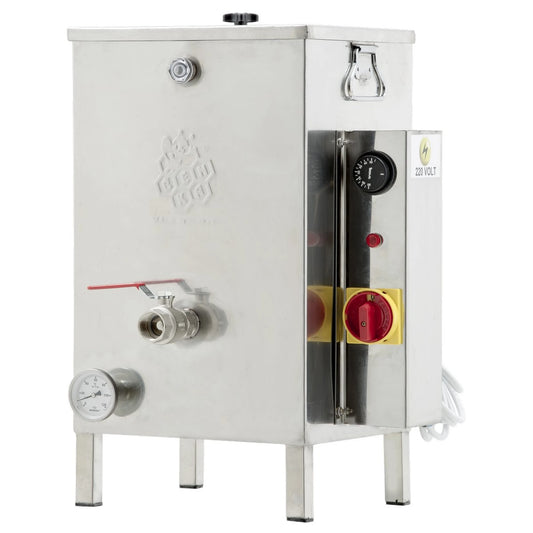 Oz Armour stainless steel commercial electric boiler or steam generator with a side-mounted control panel, pressure gauge, and red handle