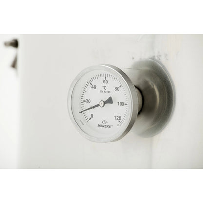 A Moneks temperature gauge with a silver metallic housing and a white dial showing temperature in degrees Celsius, mounted on a white surface.