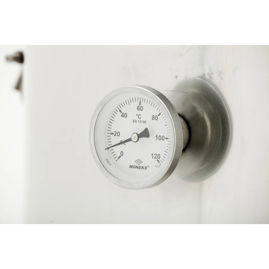 A Moneks temperature gauge with a silver metallic housing and a white dial showing temperature in degrees Celsius, mounted on a white surface.