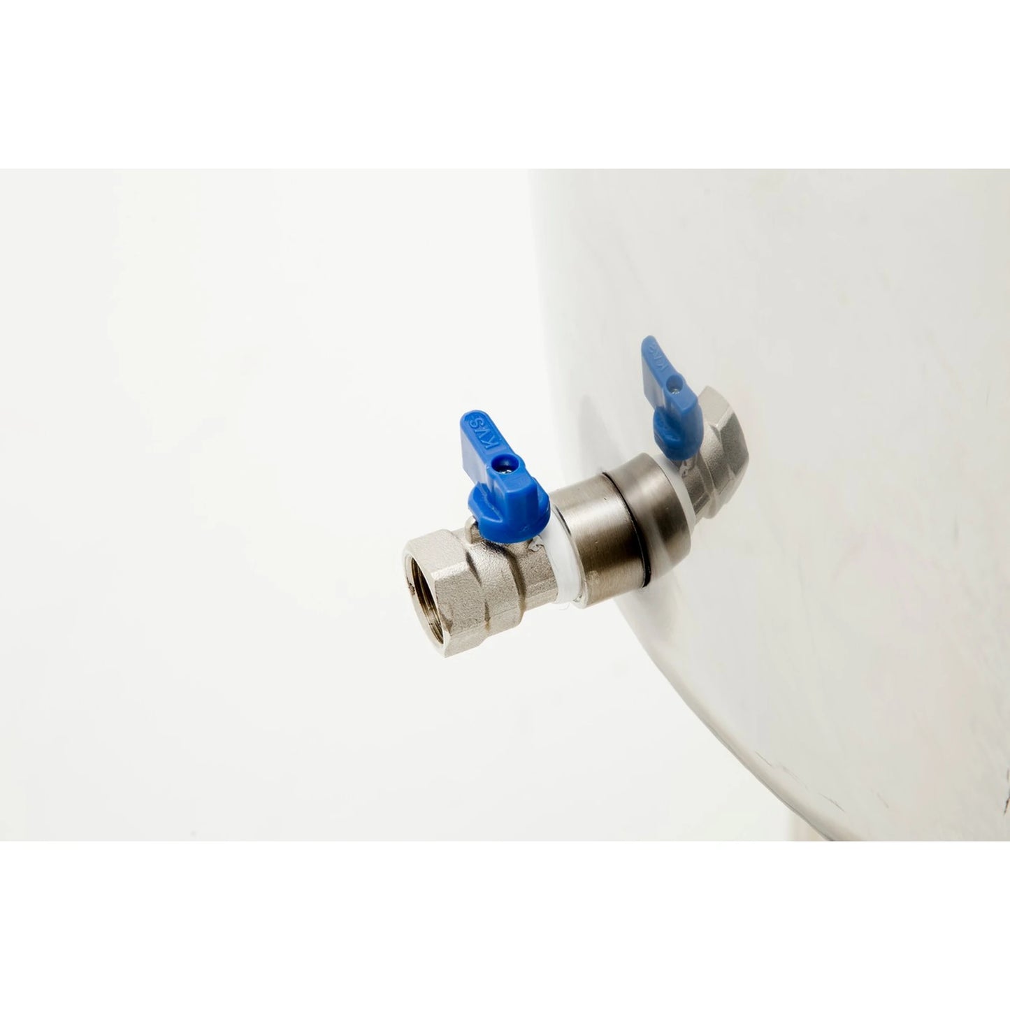 A stainless steel water filter valve assembly with two blue plastic handles, attached to a white cylindrical container against a white background.