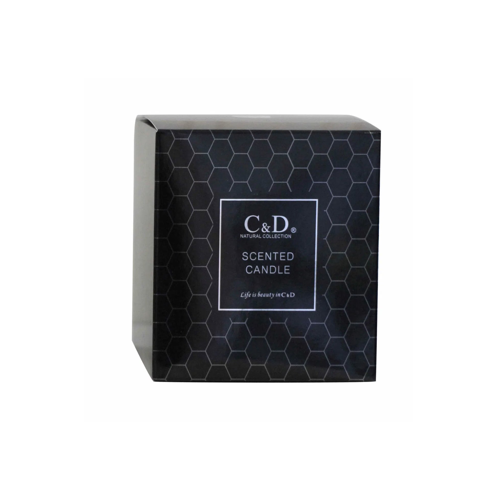 Black square candle packaging box with product label