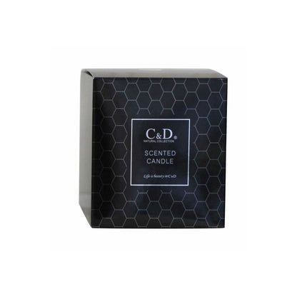 Black square candle packaging box with product label