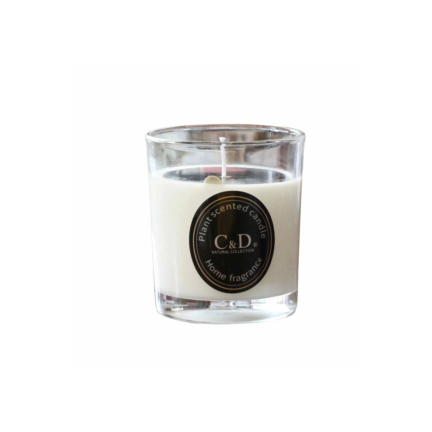 Small glass candle jar with black round label