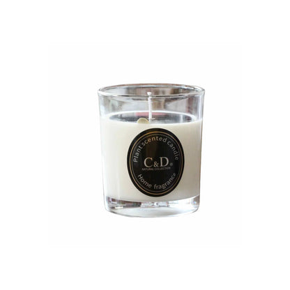 Small glass candle jar with black round label