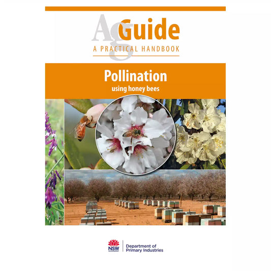 Book cover of 'Pollination using honey bees' by AgGuide with images of flowers and bee boxes.