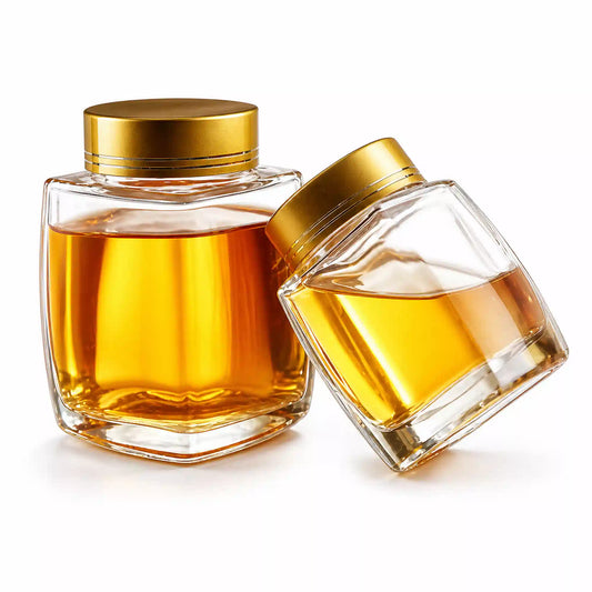 Square glass jars 180 ML with resealable gold lids for honey storage