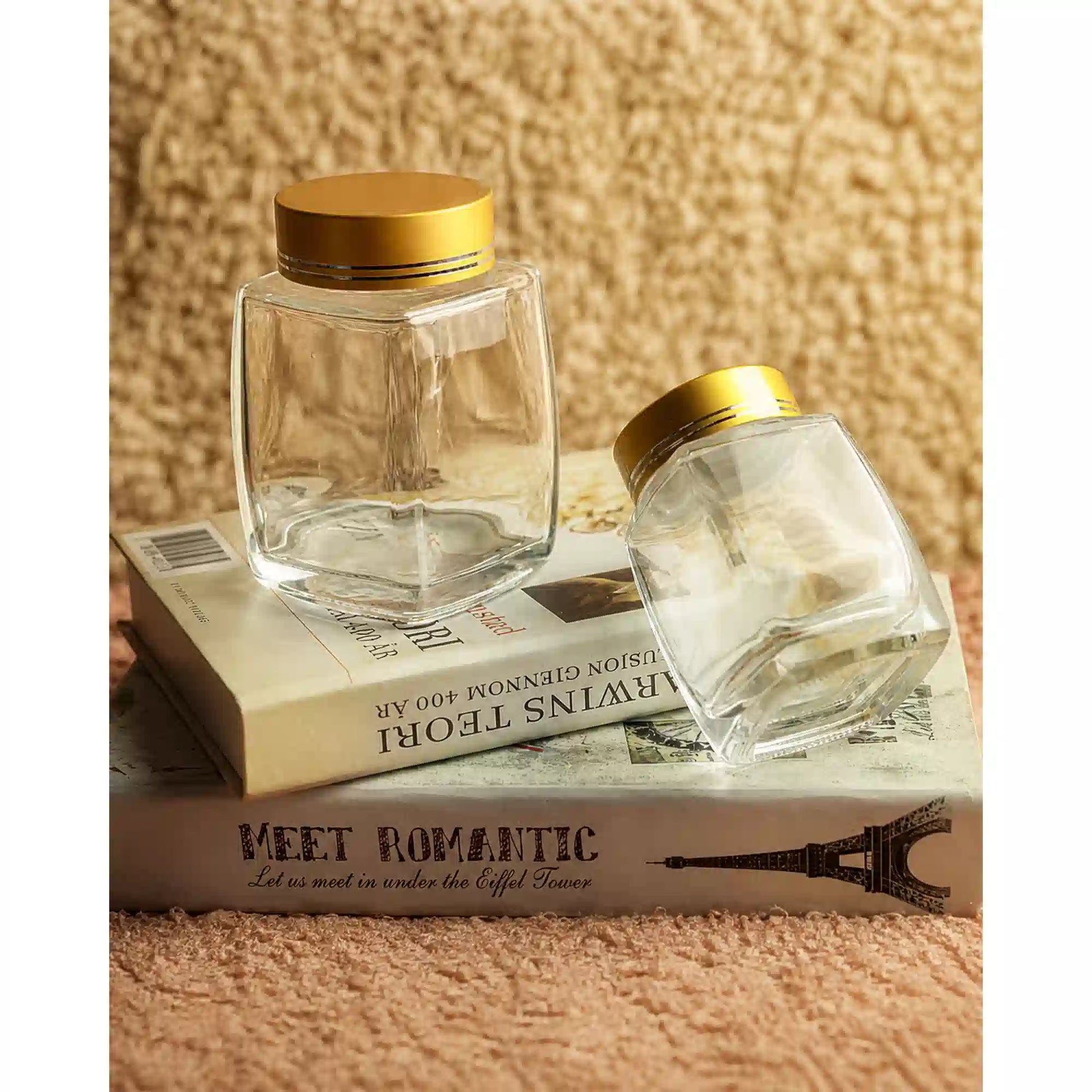 Clear 180 ML square glass jars with gold lids for food storage