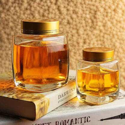 Elegant square glass jars with gold caps for honey and decor