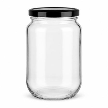 Clear glass jar with a black lid