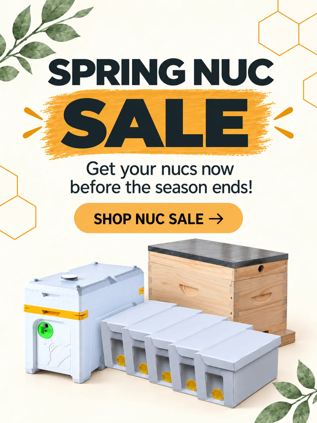 Promotional graphic for a 'Spring Nuc Sale' featuring a white honeybee nuc box, a wooden hive box with a dark lid, and a gray queen cage. The image includes decorative green leaves, hexagonal outlines, and text banners reading 'SPRING NUC SALE' and 'SHOP NUC SALE ->'.