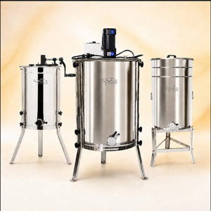 Three stainless steel honey extractors: a manual model, an electric model and a settling tank with honey gate