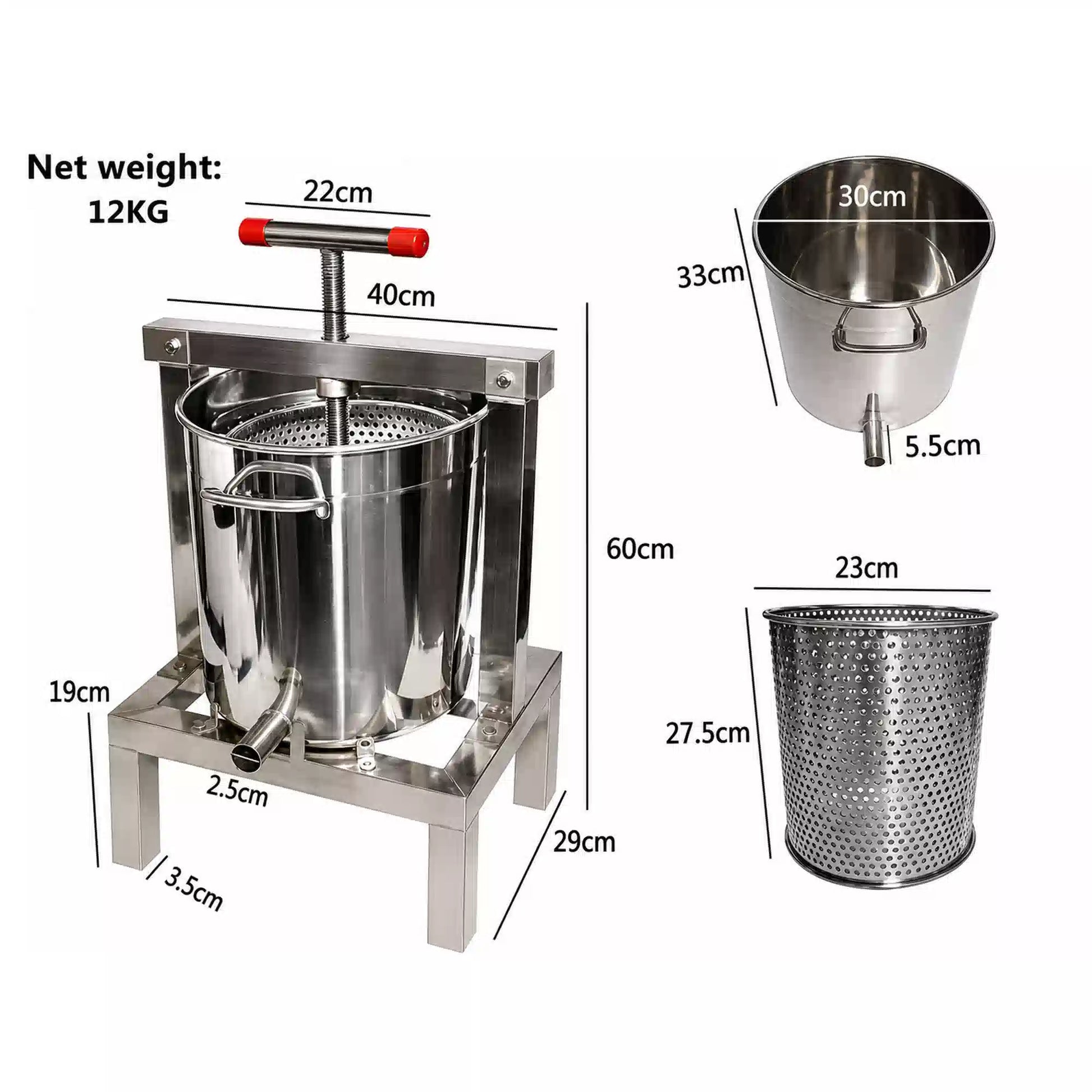 30 liter stainless steel wax press with included parts and measurement details