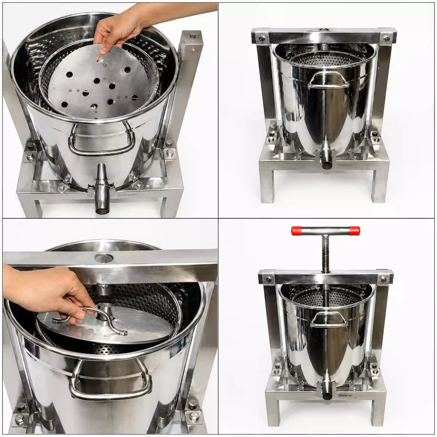 Stainless steel wax press collage showing close-up views and operation details