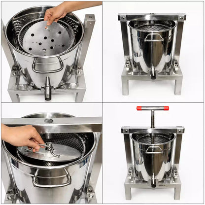 Stainless steel wax press collage showing close-up views and operation details