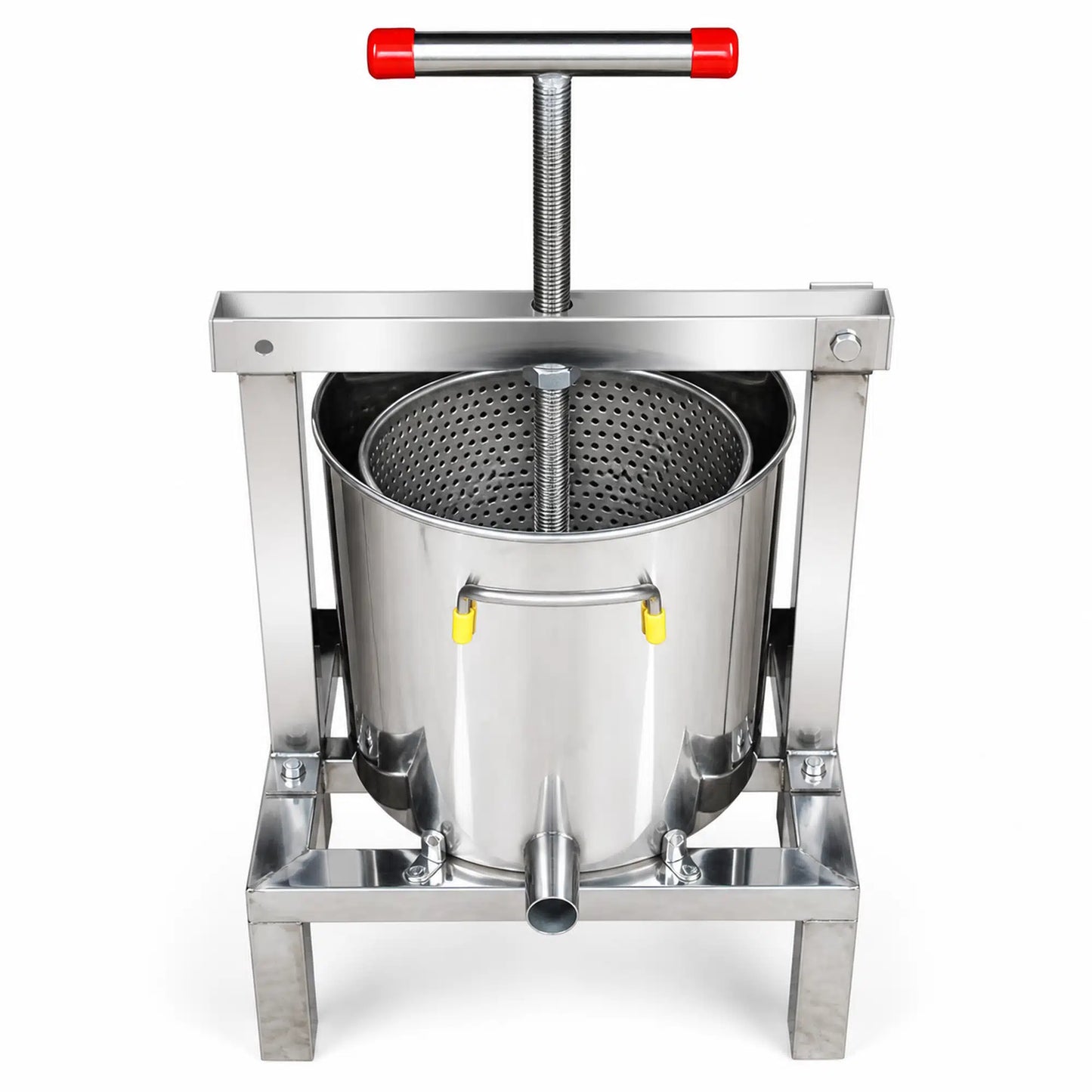 Front view of assembled 30 liter stainless steel wax press on stand