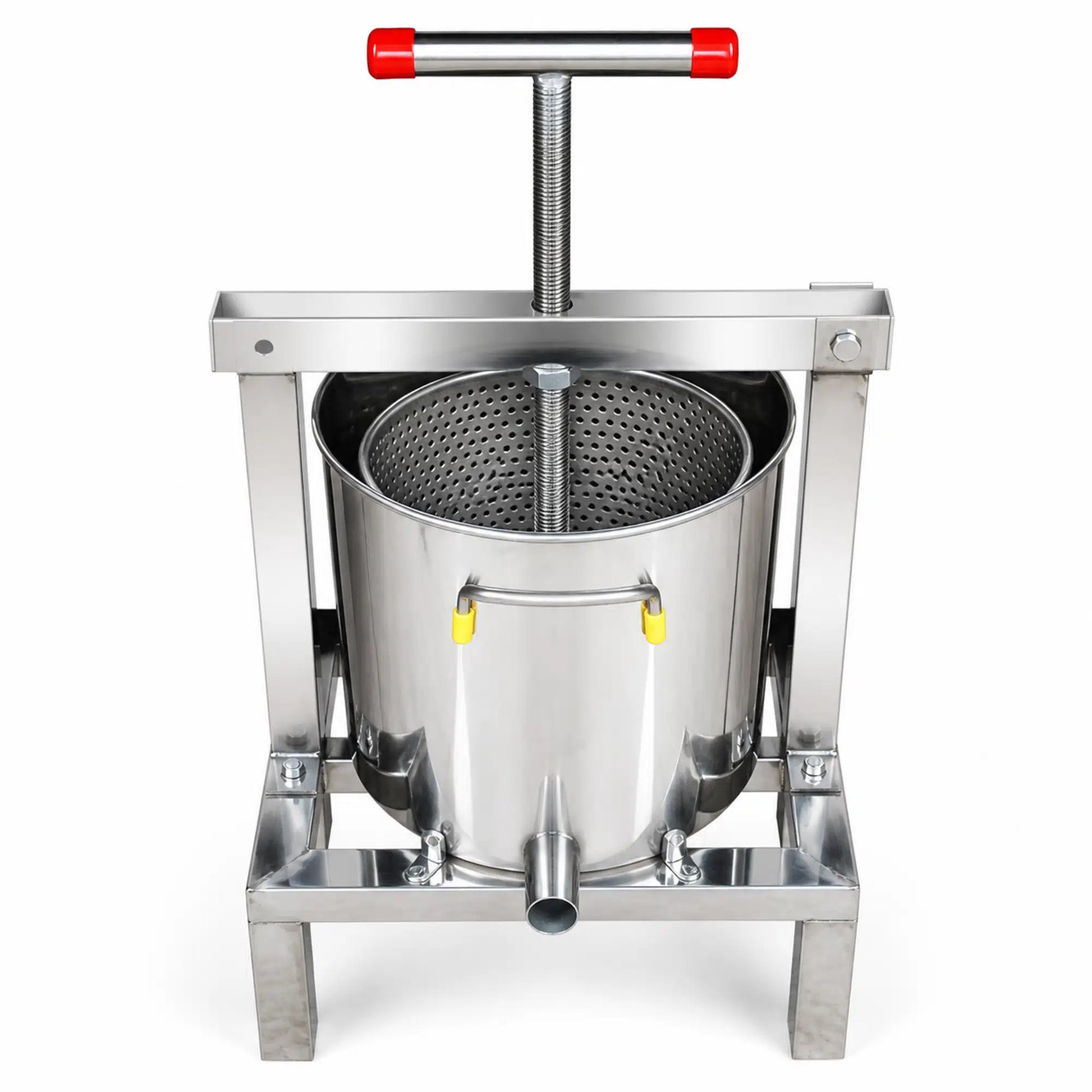 Front view of assembled 30 liter stainless steel wax press on stand