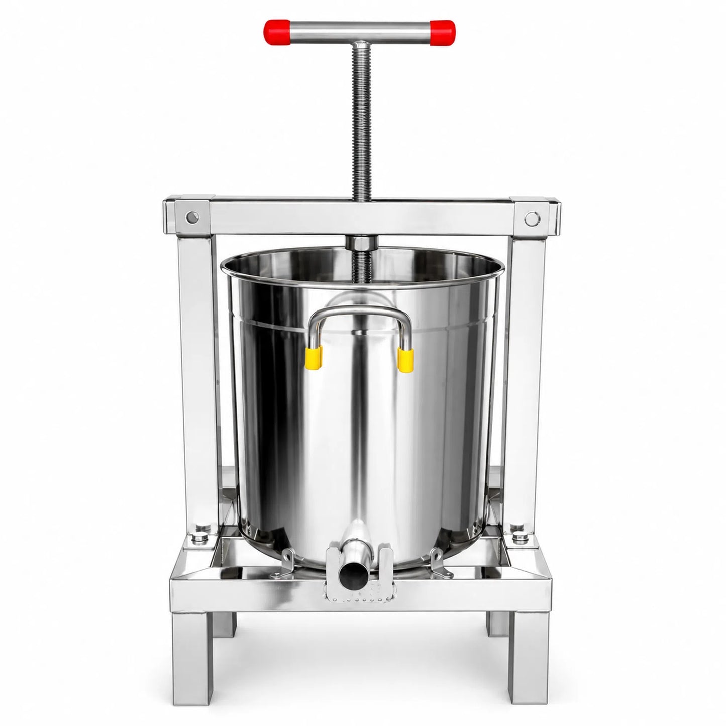 Front view of stainless steel wax press with inner basket installed