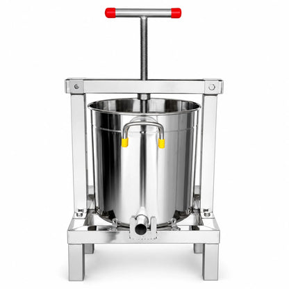 Front view of stainless steel wax press with inner basket installed