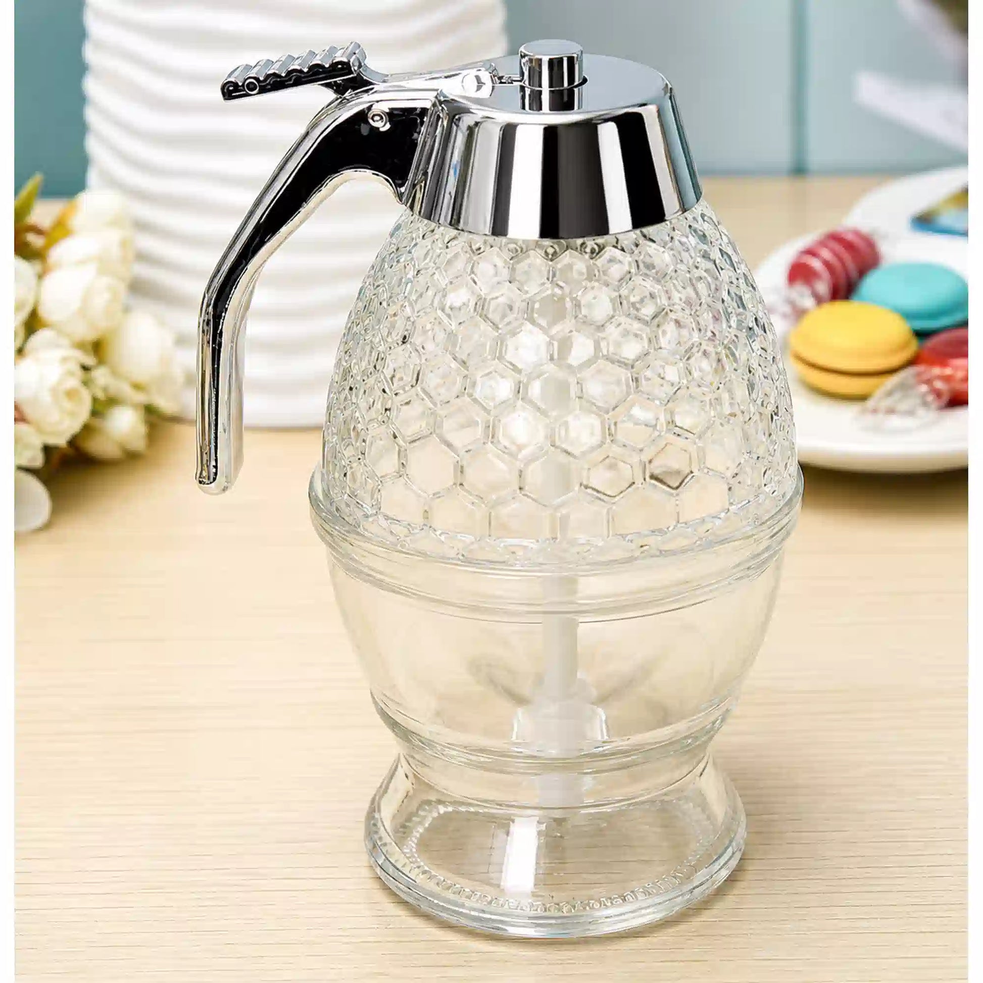 Stylish Honey Dispenser Pot | Beehive Design with Flow Control ( Honeycomb Pattern ) – Side View