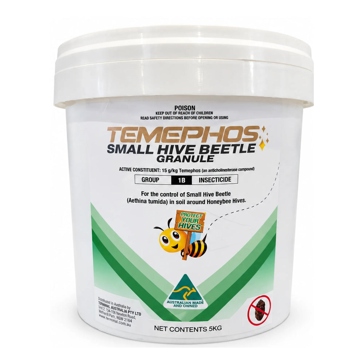 Temephos Small Hive Beetle Granule 5kg insecticide in a white plastic bucket with green label, designed to control small hive beetles in soil around honeybee hives.