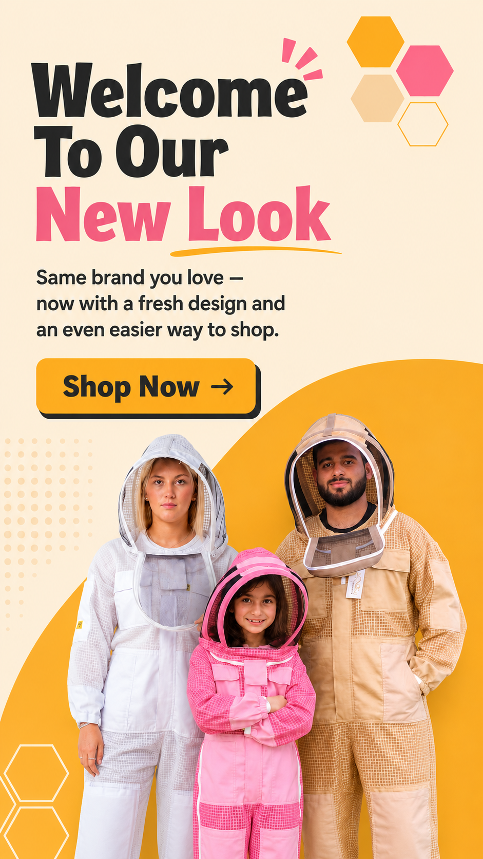 Family wearing OZ Armour beekeeping suits – white ventilated suit, pink kids suit, and tan ventilated suit with fencing veil