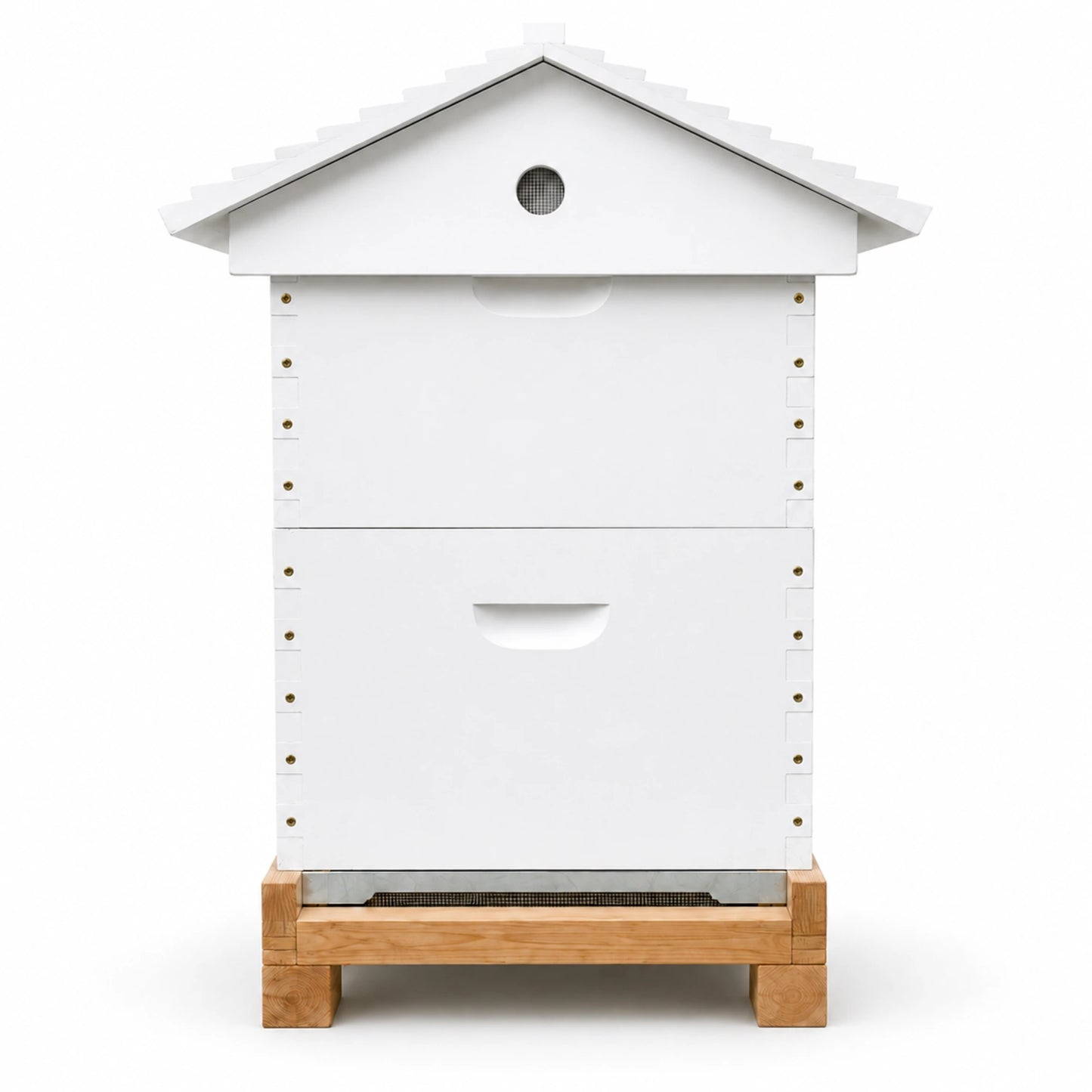 Gabled Telescopic Beehive Assembled & Painted with Mesh Bottom Board – Side View