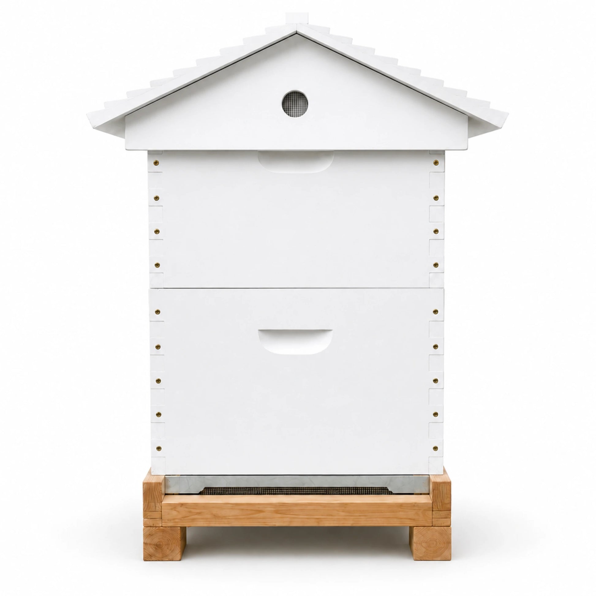 Gabled Telescopic Beehive Assembled & Painted with Mesh Bottom Board – Side View