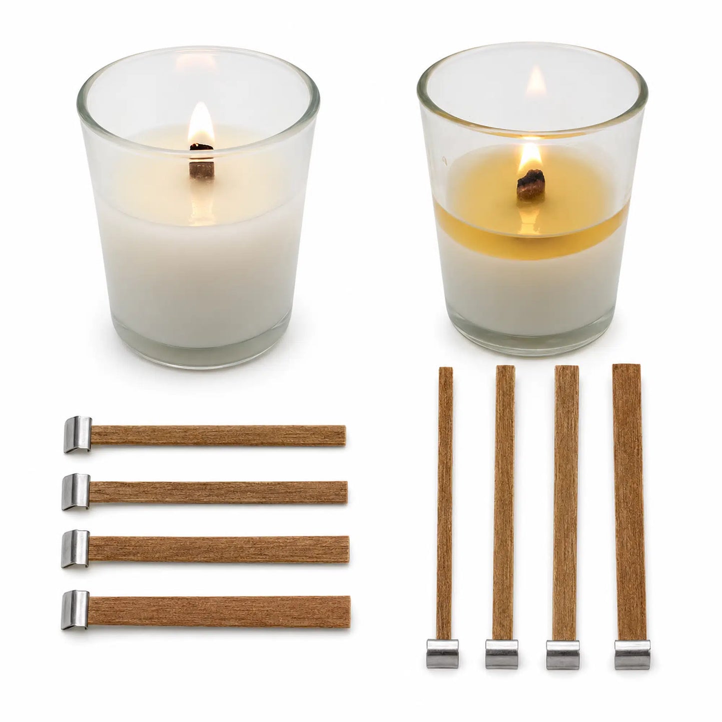 Wooden wick centering holders for candle making with glass candles