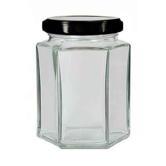 190 ml Hexagonal Glass Jars Honey Containers with Black Lids