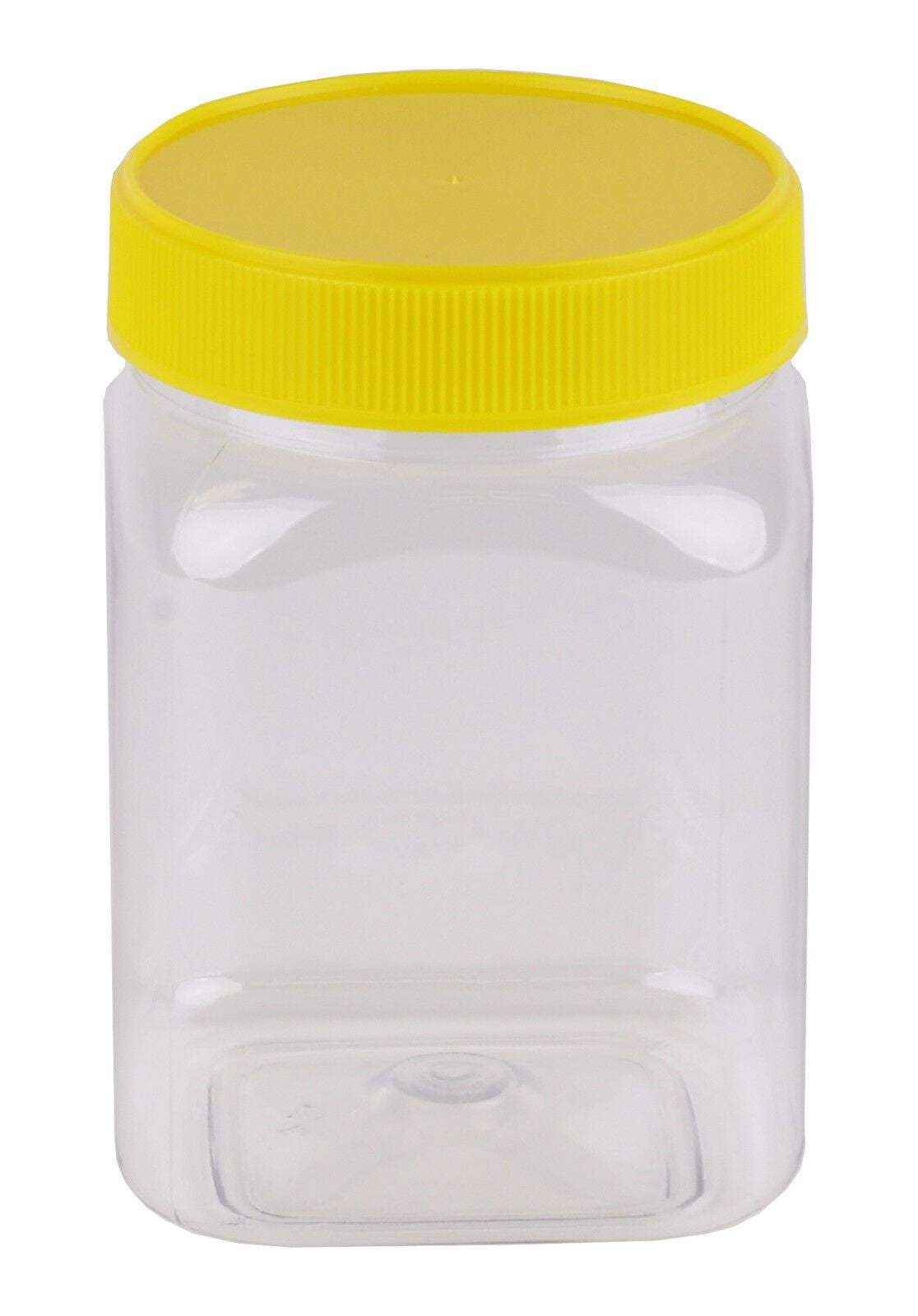 Square Plastic Honey Containers, 250g Square Honey Containers, Food Grade PET Jars, BPA-Free Plastic Storage, Clear Honey Jars, Yellow Lid Containers, Secure Storage Solutions, Kitchen Organization, Bulk Honey Packaging, Anti-Theft Honey Containers, PET Plastic Jars