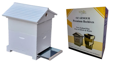 OZ ARMOUR Gabled Telescopic Beehive Assembled & Painted with Mesh Bottom & Board Beetle Trap - Beekeeping Gear